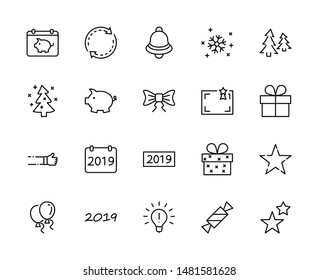 Happy New Year Pigs. Set vector line icon. Contains such Icons as Pig, Christmas Tree, Calendar 2019, Bow, Balloons, Bell, Candy, Gift Box, Stars, Snowflake. Editable Stroke. 32x32 Pixel Perfect