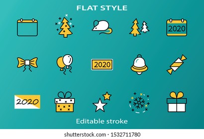Happy New Year Pigs. Set vector line icon. Contains such Icons as Pig, Christmas Tree, Calendar 2019, Bow, Balloons, Bell, Candy, Gift Box, Stars, Snowflake. Editable Stroke. 32x32 Pixel Perfect