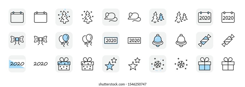 Happy New Year Pigs. Set vector line icon. Contains such Icons as Pig, Christmas Tree, Calendar 2019, Bow, Balloons, Bell, Candy, Gift Box, Stars, Snowflake. Editable Stroke. 32x32 Pixel Perfect