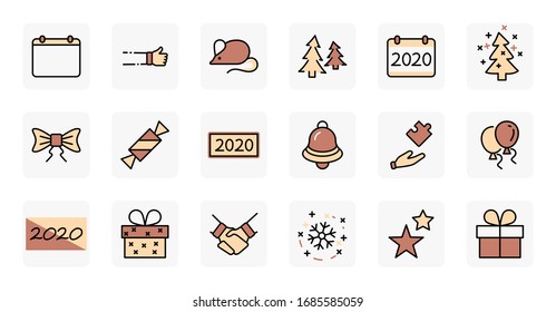 Happy New Year Pigs. Set vector line icon. Contains such Icons as Pig, Christmas Tree, Calendar 2019, Bow, Balloons, Bell, Candy, Gift Box, Stars, Snowflake. Editable Stroke. 32x32 Pixel Perfect
