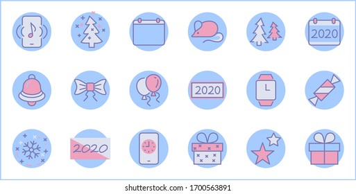 Feliz Año Nuevo. Establecer icono de línea vectorial. Contiene íconos como cerdo, árbol de Navidad, calendario 2019, barba, globos, campana, barro, caja de regalo, estrellas, copo de nieve. Trazo editable. Perfecto para 32 x 32 píxeles