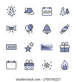 Happy New Year Pigs. Set vector line icon. Contains such Icons as Pig, Christmas Tree, Calendar 2019, Bow, Balloons, Bell, Candy, Gift Box, Stars, Snowflake. Editable Stroke. 32x32 Pixel Perfect