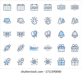 Happy New Year Pigs. Set vector line icon. Contains such Icons as Pig, Christmas Tree, Calendar 2019, Bow, Balloons, Bell, Candy, Gift Box, Stars, Snowflake. Editable Stroke. 32x32 Pixel Perfect