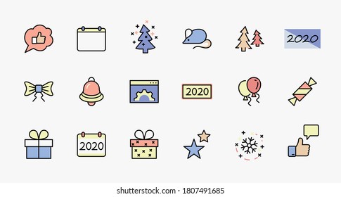 Happy New Year Pigs. Set vector line icon. Contains such Icons as Pig, Christmas Tree, Calendar 2019, Bow, Balloons, Bell, Candy, Gift Box, Stars, Snowflake. Editable Stroke. 32x32 Pixel Perfect