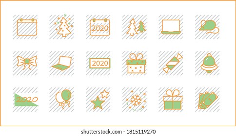 Happy New Year Pigs. Set vector line icon. Contains such Icons as Pig, Christmas Tree, Calendar 2019, Bow, Balloons, Bell, Candy, Gift Box, Stars, Snowflake. Editable Stroke. Pixel Perfect