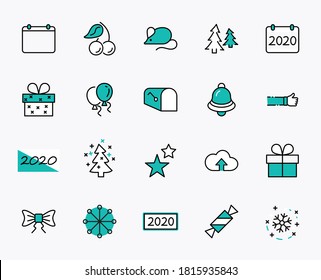 Feliz Año Nuevo. Establecer el icono de la línea vectorial. Contiene íconos como cerdo, árbol de Navidad, calendario 2019, sopa, globo, campana, vándalo, caja de regalo, estrellas, copo de nieve. Stroke editable. 32x32 Perfecto para píxeles