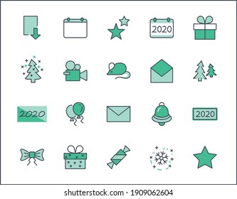 Happy New Year Pigs. Set vector line icon. Contains such Icons as Pig, Christmas Tree, Calendar 2019, Bow, Balloons, Bell, Candy, Gift Box, Stars, Snowflake. Editable Stroke. 32x32 Pixel Perfect