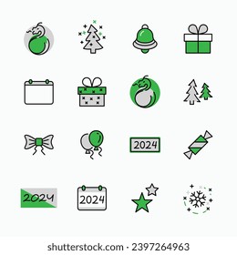 Happy New Year Pigs. Set vector line icon. Contains such Icons as Pig, Christmas Tree, Calendar 2019, Bow, Balloons, Bell, Candy, Gift Box, Stars, Snowflake. Editable Stroke. 32x32 Pixel Perfect