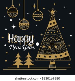 Happy new year with pine trees and spheres esign, Welcome celebrate and greeting theme Vector illustration