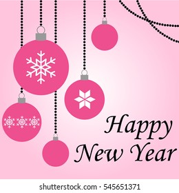 Happy New Year pink balls hanging card vector