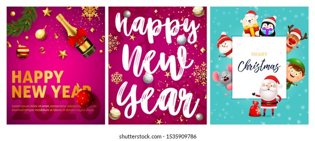 Happy New Year pink, blue banner set with animals, champagne. New Year, Christmas, winter. Calligraphy with decorative design can be used for invitations, post cards, announcements