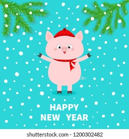 Happy New Year. Pink pig. Falling snow. Chinise symbol of 2019. Fir tree. Branch spruce Cute cartoon funny character. Flat design. Blue background. Vector illustration