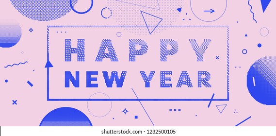 Happy New Year placard template with abstract geometric shapes, 80s memphis bright style flat design elements. Retro art for holiday covers, banners, flyers and posters. Eps10 vector illustrations