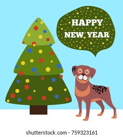 Happy New Year placard with tree made triangles decorated by color balls, celebration symbol of Chinese horoscope cute dog vector illustration poster
