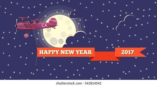 Happy new year. Plane with Banner "2017" on Sky for Web, Mobile and. Vector