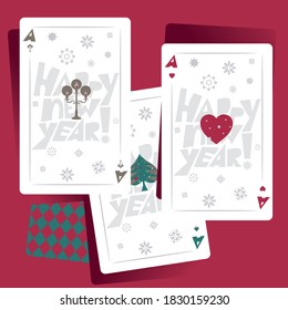 Happy New year! Playing cards based on Christmas accessories. Vector illustration.