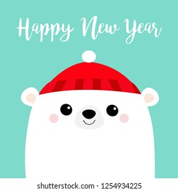 Happy New Year. Polar white bear cub face. Red hat. Merry Christmas. Cute cartoon baby character. Arctic animal. Hello winter. Flat design. Hello winter. Blue background. Vector illustration