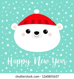 Happy New Year. Polar white bear cub face round icon. Red hat. Merry Christmas. Cute cartoon baby character. Arctic animal. Hello winter. Flat design. Hello winter. Blue snow background Vector
