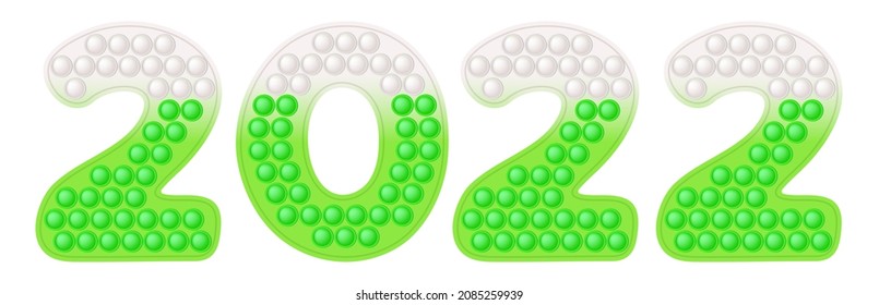 Happy New Year popit trendy fidget toys - numbers 2022 in green and white colors. Christmas anti stress colorful pop it toy. Bubble sensory fashionable popit for kids. Vector illustration isolated.