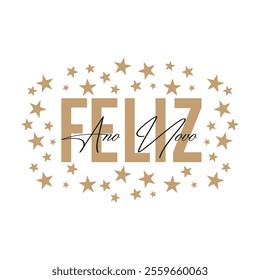 Happy New Year In portuguese, with golden stars around the text, Vector file for all applications