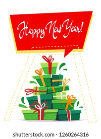 happy new year post card greeting party invitation , many gift boxes of gifts stack triangle christmas tree form with ribbon bow, callygraphy text hand drawn lettering sign, vector 