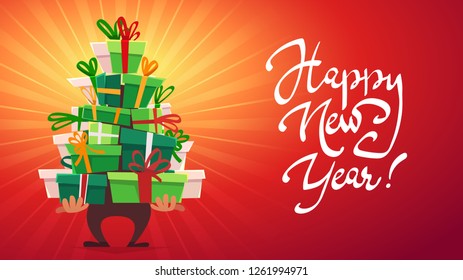 happy new year post card greeting party invitation , many gift boxes of gifts stack triangle christmas tree form with ribbon bow, callygraphy text hand drawn lettering sign, vector 