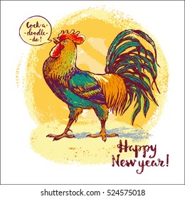 Happy New Year post card with Rooster. Vector illustration. Calligraphy.
