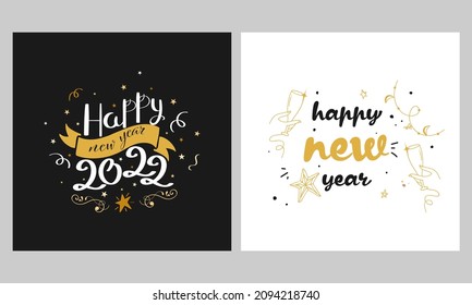 Happy New Year Post Or Template Set In White And Black Color.