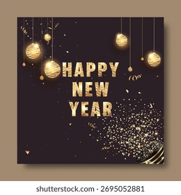 Feliz Año Nuevo Post Plantilla en Color Marrón y Dorado con Illuminati Bauble, Ilustración Popper Fiesta.
