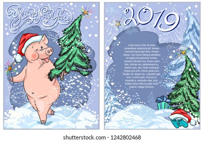 Happy new year postcard 2019, pig. Symbol of the year, vector illustration. Handwritten inscription, congratulations. Merry Christmas. Christmas tree, gifts, vector illustration on blue background