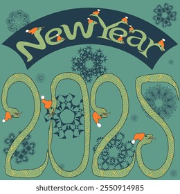 Happy New Year. Postcard for 2025 with a green snake in the form of letters and numbers.