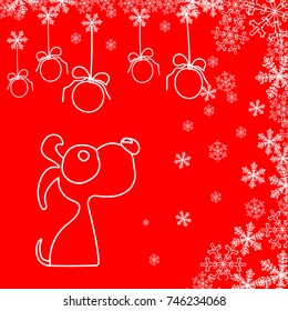 Happy New Year! Postcard. Background of snowflakes. Dog and Christmas decorations. Silhouette of a dog on a red Christmas background. Vector illustration.
