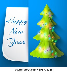 Happy new year postcard in blue color envelope with decorated christmas tree flat vector illustration