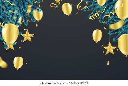 Happy New Year Postcard Celebration banner with Gold balloons background. Sale Vector illustration