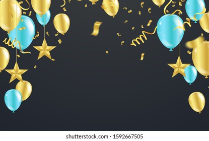 Happy New Year Postcard Celebration banner with Gold and blue balloons background. Sale Vector illustration