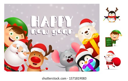 Happy New Year postcard with cute cartoon characters. Lettering with decorations can be used for invitation and greeting card. Holiday concept
