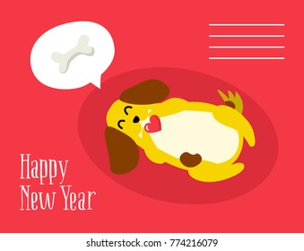 Happy New Year postcard with cute dog dreaming about a bone on red background. Flat style. Vector.