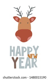 Happy New Year postcard with a deer. In a cute cartoon style. Vector illustration.