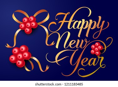 Happy New Year postcard design. Xmas berries with gold bows on dark blue background. Template can be used for banners, greeting cards, posters
