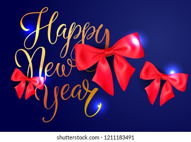 Happy New Year postcard design. Red bows on shining dark blue background. Template can be used for banners, greeting cards, posters