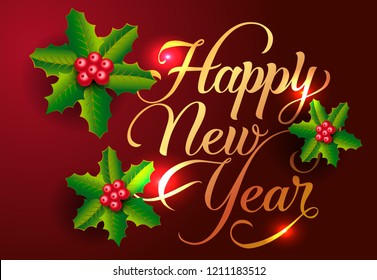 Happy New Year postcard design. Mistletoe berries and leaves on shining maroon background. Template can be used for banners, posters, flyers