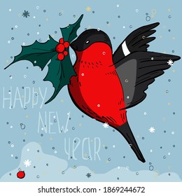 Happy New Year postcard design on blue background with falling snow, snowflakes. Cute flying bullfinch bird with tree branch in it's beak. Invitation, greeting text  card for christmas holidays.