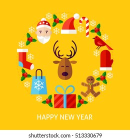 Happy New Year Postcard. Flat Poster Design Vector Illustration. Collection of Winter Holiday Objects.