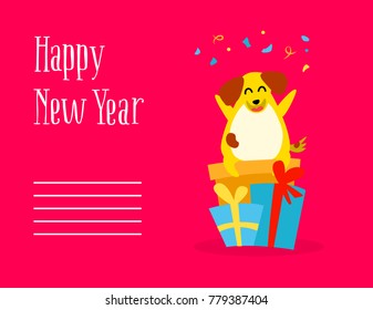 Happy New Year postcard with fun cartoon dog, gifts and confetti on red background. Flat style. Vector.