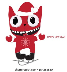 Happy new year postcard with a funny monster. Merry Christmas background
