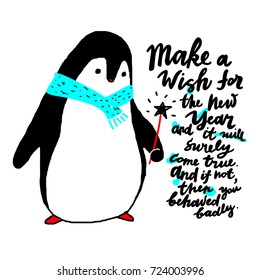 Happy new year postcard with funny penguin and lettering