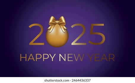 Happy New Year postcard with golden numbers 2025. and golden Christmas ball with bow purple, violet background. Luxury greeting 2025 Lunar New Year design