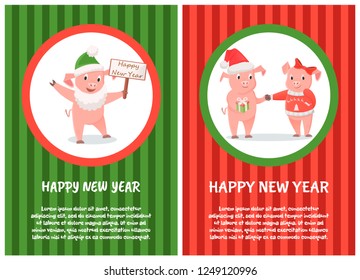 Happy New Year postcard, male and female piglets, pigs in hat and bow, Christmas holidays. Animal exchange gift, zodiac symbol with signboard vector