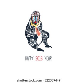 Happy new year postcard. Mandrill hand drawn print