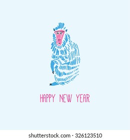 Happy new year postcard. Monkey hand drawn print